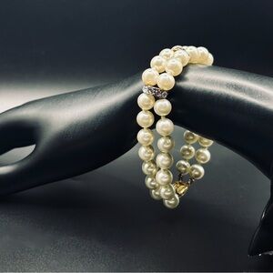 Vintage Double Strand Faux Pearl Bracelet - Ornate Gold Tone Box Clasp